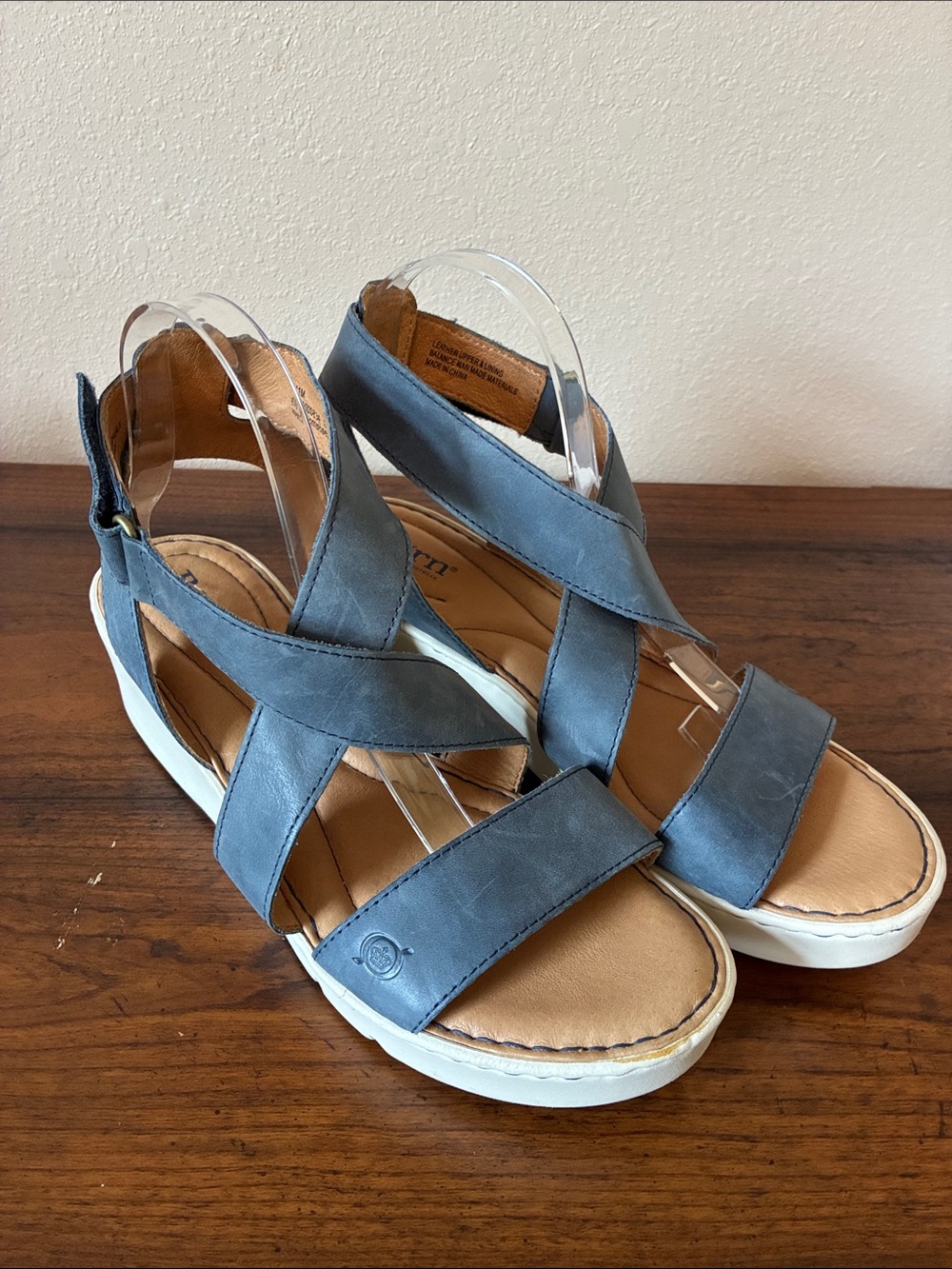 BORN Size 11M Blue Leather Strappy Platform Sandals Wedge Heel Comfort Summer